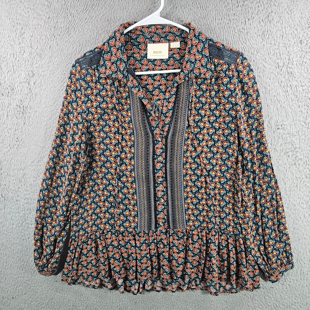 Maeve Anthropologie Floral Ruffle Hem Blouse Navy Orange Lace Detail Size 4